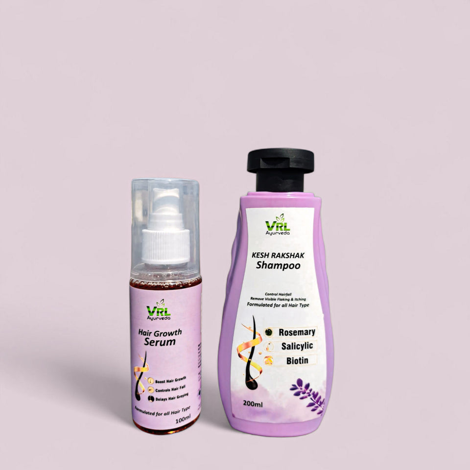 VRL Ayurveda Hair Growth Combo | Kesh Rakshak Anti-Dandruff Shampoo (Rosemary, Salicylic, Biotin) + Advanced Hair Growth Serum | Reduces Visible Flakes & Supports Stronger Hair | 200ml + 100ml