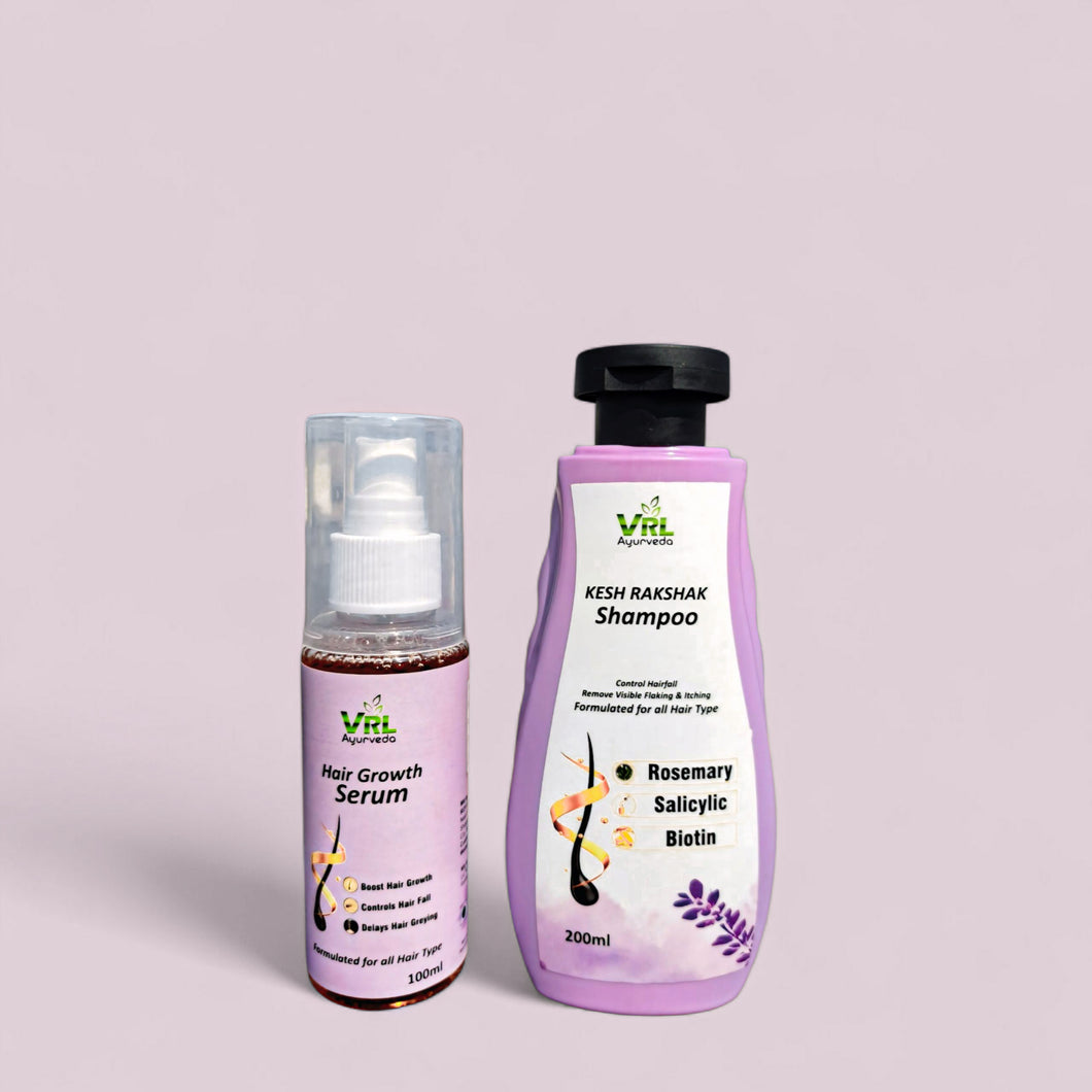 VRL Ayurveda Hair Growth Combo | Kesh Rakshak Anti-Dandruff Shampoo (Rosemary, Salicylic, Biotin) + Advanced Hair Growth Serum | Reduces Visible Flakes & Supports Stronger Hair | 200ml + 100ml