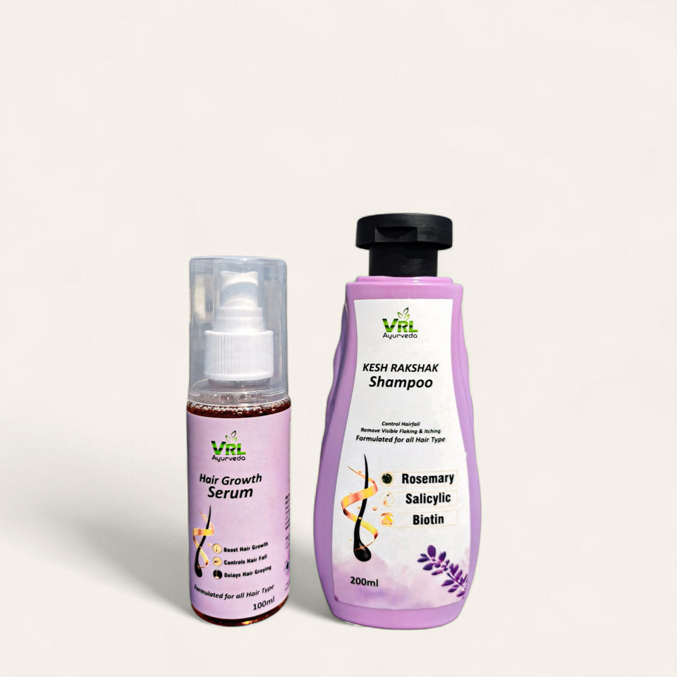 VRL Ayurveda Hair Growth Combo | Kesh Rakshak Anti-Dandruff Shampoo (Rosemary, Salicylic, Biotin) + Advanced Hair Growth Serum | Reduces Visible Flakes & Supports Stronger Hair | 200ml + 100ml