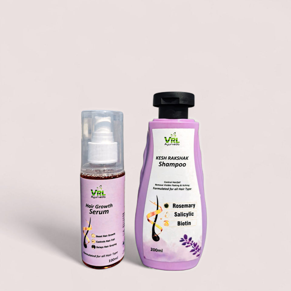 VRL Ayurveda Hair Growth Combo | Kesh Rakshak Anti-Dandruff Shampoo (Rosemary, Salicylic, Biotin) + Advanced Hair Growth Serum | Reduces Visible Flakes & Supports Stronger Hair | 200ml + 100ml