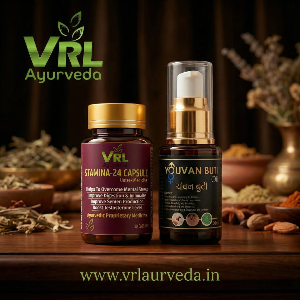 VRL Ayurveda Stamina-24 Capsules & Yovan Booti Oil Combo | Ayurvedic Energy, Stamina, Vitality & Overall Wellness Support