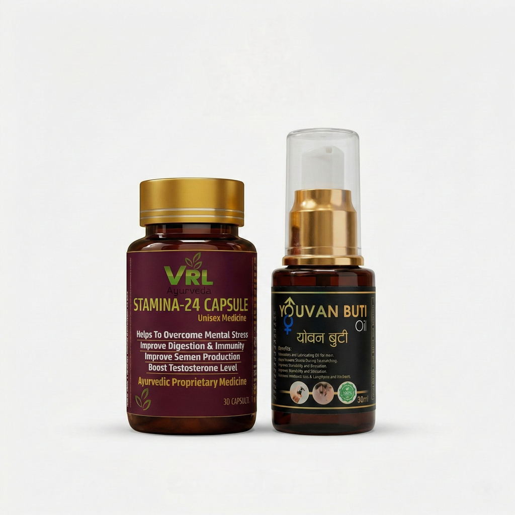 VRL Ayurveda Stamina-24 Capsules & Yovan Booti Oil Combo | Ayurvedic Energy, Stamina, Vitality & Overall Wellness Support