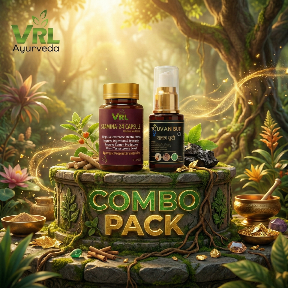VRL Ayurveda Stamina-24 Capsules & Yovan Booti Oil Combo | Ayurvedic Energy, Stamina, Vitality & Overall Wellness Support