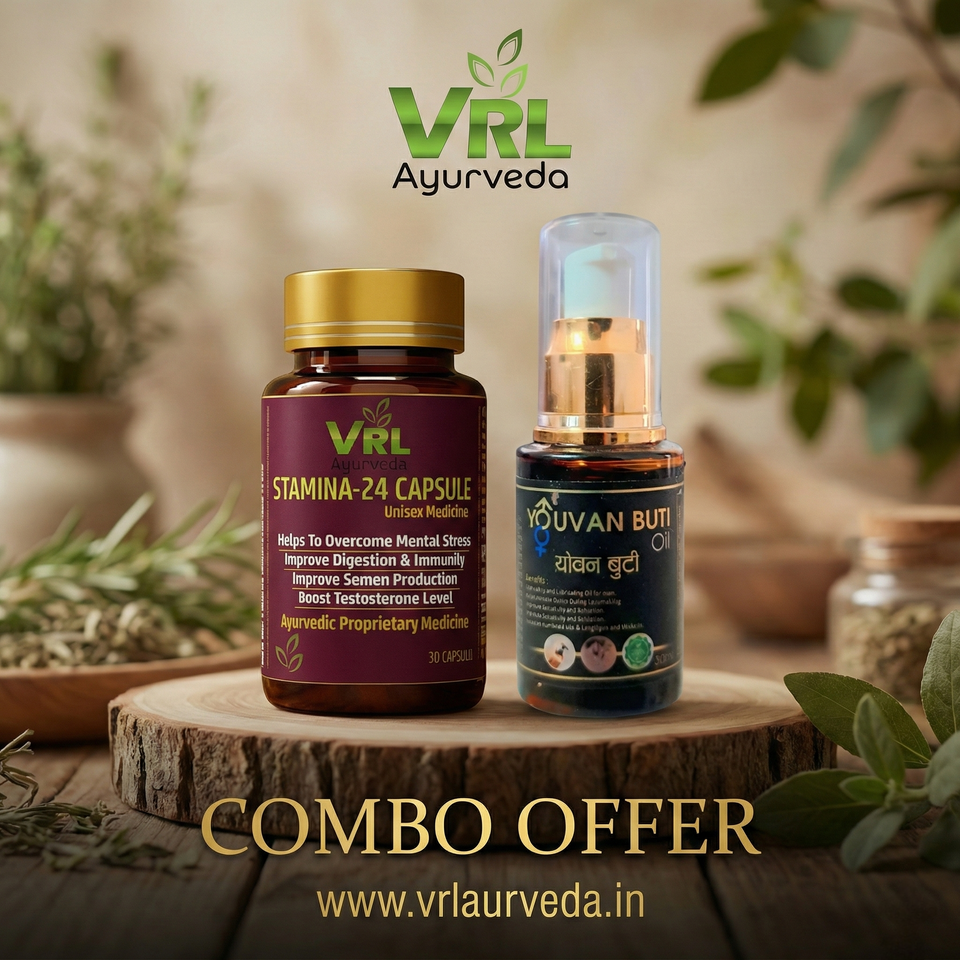 VRL Ayurveda Stamina-24 Capsules & Yovan Booti Oil Combo | Ayurvedic Energy, Stamina, Vitality & Overall Wellness Support