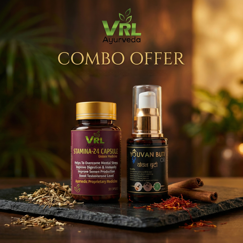 VRL Ayurveda Stamina-24 Capsules & Yovan Booti Oil Combo | Ayurvedic Energy, Stamina, Vitality & Overall Wellness Support