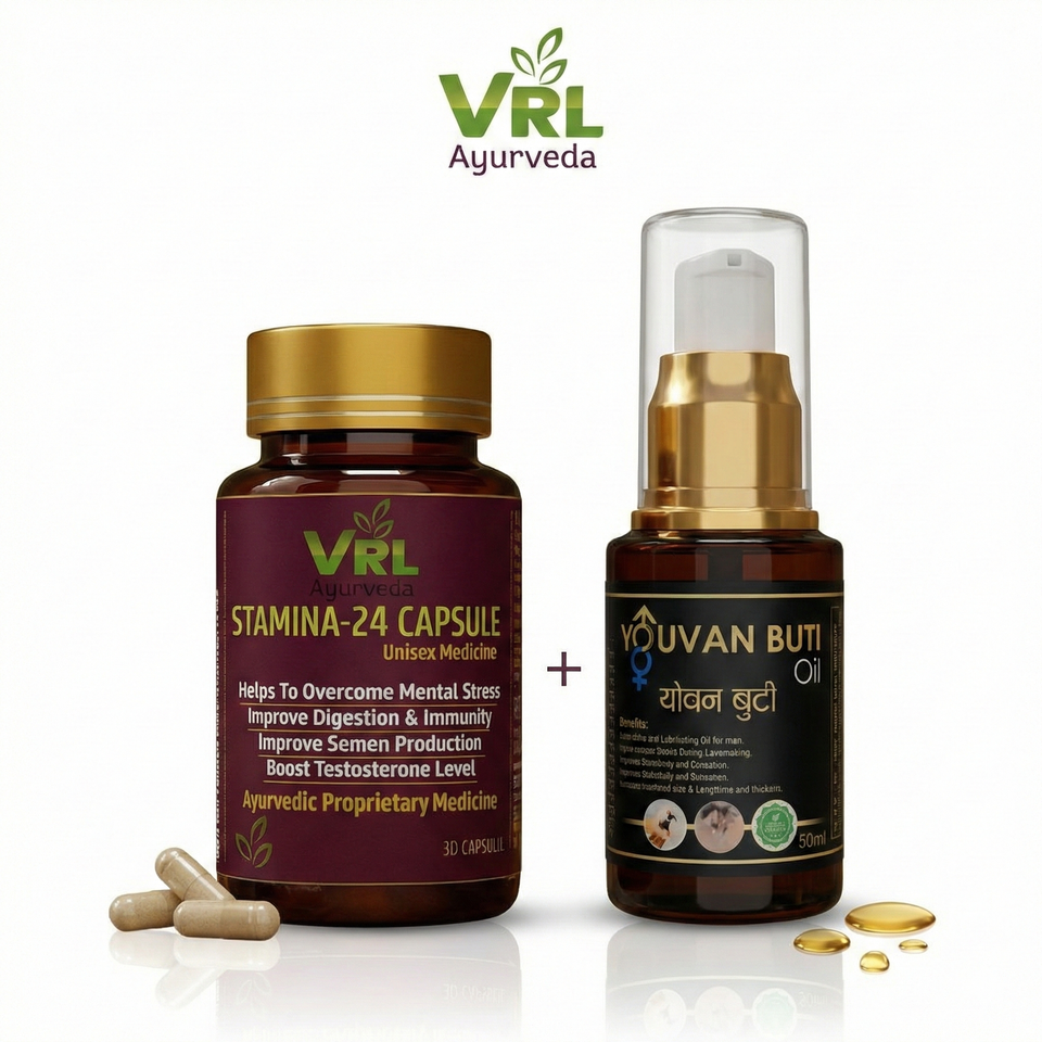VRL Ayurveda Stamina-24 Capsules & Yovan Booti Oil Combo | Ayurvedic Energy, Stamina, Vitality & Overall Wellness Support